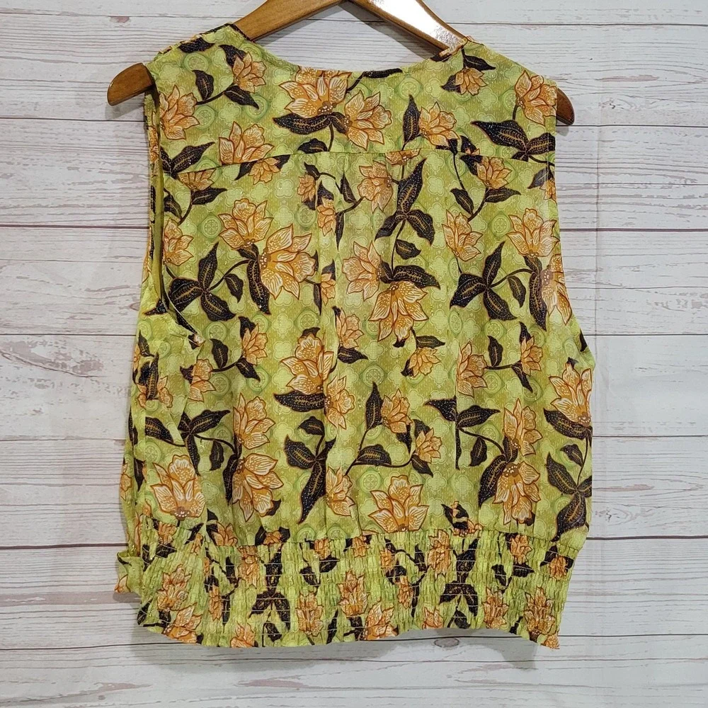 Rachel Roy Faux Wrap Top Womens Large Green Floral Lotus Smocked Waist Cottage